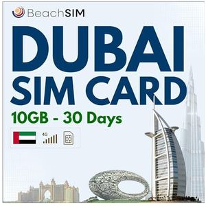 BeachSIM Dubai simkaart. 10 GB data met 4G/5G-snelheden. Prepaid data alleen SIM. Werkt op iOS- en Android-apparaten. Geldig voor 30 dagen.