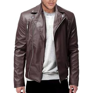 YTR6TW Mannen PU Lederen Jas Mannen Casual Effen Kleur Slanke Rits Lange Mouw Turn-Down Kraag Motorfiets Lederen Jas, Bruin, XL