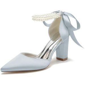 EICOFF Damesschoenen met Hoge Hak en Parels Enkelriem Vrouwen Gesloten Teen Satijn Bruids Pumps voor Feest Werk Avondfeest Bruiloft,Zilver,35 EU