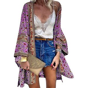 NA Losse sjaal voor dames - bloemen cover-up print kimono strandkleding boho zomer casual blouse badmode vest badpak, paars, L