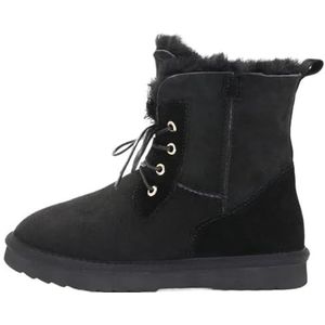 NihaoWXM Snowboots Vrouwen Korte Casual Lace-up Snowboots Echte Schapenvacht Suède Wol Bont Gevoerd Winter Warme Schoenen, Zwart, 39 EU