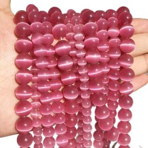 Natuursteen Roze Wit Blauw Maansteen Cat Eye Kralen Voor Sieraden Maken Gladde Losse Kralen Opaal Diy Charm Armbanden Ketting-fuchsia-8mm 46st