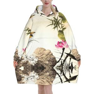 Oversized Inkt Lotus Schilderen Hoodies Vrouwen Uk Pluizige Deken Hoodie Sherpa Vrouwen Fleece Draagbare Deken Mannen