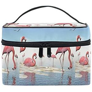 Schattige Flamingo Vogel Blauwe Hemel Make-up Tas voor Vrouwen Cosmetische Tassen Toilettas Trein Case