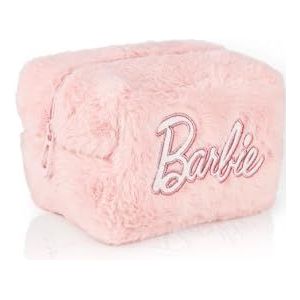Barbie Womens pluizige make-up tas | Dames All Over Bont met Geborduurd Logo in Roze | Klassieke Logo Zip Cosmetische Opbergtas Doll Kleding Container met voldoende opbergruimte