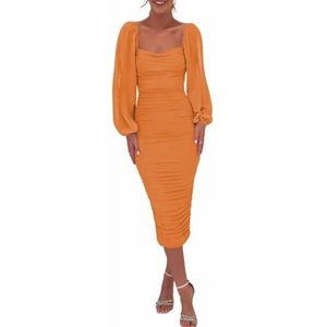 Mesh-jurk met Lantaarnmouwen voor Dames, Bodycon Maxi-jurken met Vierkante Hals voor Avondfeest(Color:Orange,Size:XL)