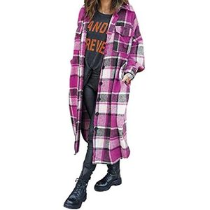 Vrouwen Plaid Single Breasted Trenchcoat Revers Erwten Jas Lange Klassieke Uitloper, roze, XXL