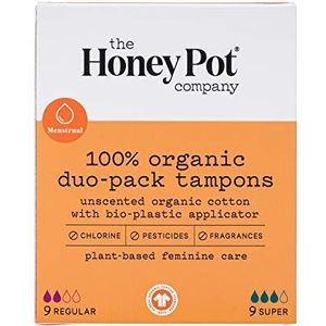 The Honey Pot Company - Duo Pack Biologische Tampons met Bio Plastic Applicator - Vrouwelijke Menstruatie Producten - Natuurlijk, Plantaardig - Regular & Super Absorbency Ongeparfumeerde Tampons - 18