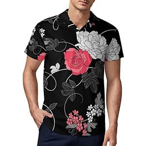Zwart bloemenpatroon heren golf poloshirt zomer korte mouw T-shirt casual sneldrogende T-shirts 2XL
