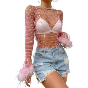 CakfLjkhl Dames Sexy Fishnet Rhinestone Shirt Lange Mouw Doorzichtige Holle Veer Party Club Tops,Roze,L