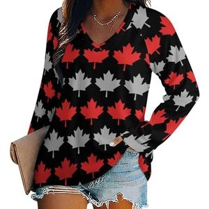 Grijs En Rood Canada Esdoorn Vrouwen Casual Lange Mouw T-shirts V-hals Gedrukt Grafische Blouses Tee Tops M