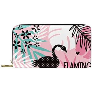 Lederen portemonnee voor heren,grote dames portemonnee voor kaart,Tropische flamingo met roze bladeren,Muntzakje met rits