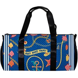 Ronde Gym Sport Duffel Bag met Afneembare Schouderband Vintage Seashore Nautical Cartoon Seaside Symbolen Training Handtas Nachttas voor Vrouwen en Mannen, Meerkleurig, 45x23x23cm/17.7x9x9in