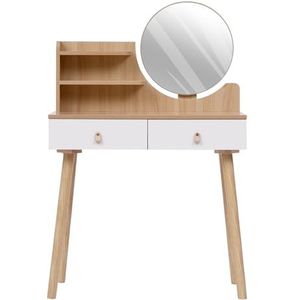 Moderne eenvoudige kaptafel met spiegel, 2 laden en plank van hout