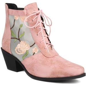 2024 Nieuwe Enkellaarsjes Met Bloem Splice Dames Retro Western Cowboy Laarzen Outdoor Combat Enkellaarsjes Elegante Veterlaarzen Met Blokhak Vrijetijdsschoenen for Dames for Feest(Pink,43 EU)