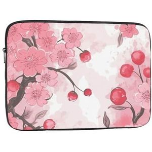 Laptophoes met roze kersen en bloemenprint, waterdicht, schokbestendig, computerhoes, laptopbeschermer voor reizen, werk, 12 inch