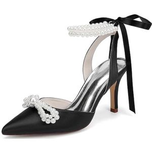 KYEGLO Satijnen Afstudeerschoenen Voor Dames Met Parelstrik, Puntige Neus, Hoge Hak En Parelriempje Om De Enkel, Perfect Voor Bruiloften En Schoolfeesten,zwart,36