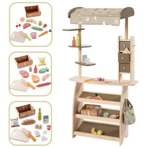 howa Boodschappenwinkel marktstand ""Lucky"" van hout met luifel, tas en 32-delig winkelwagenaccessoires 47479