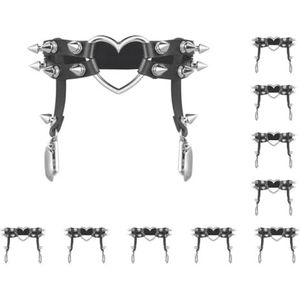 10 Set van 1x Vrouwen Lederen Dubbele Riem Hart Kousenband Elastische Klinknagel Stud Been Jarretelgordel, Zwart