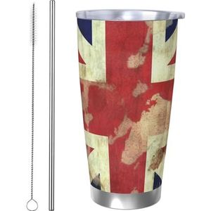 STVYUKL 20 oz beker met deksel en rietje roestvrij staal lekvrije reizen koffiemok dubbelwandige geïsoleerde beker geschenken voor vrouwen thuiskantoor vintage Union Jack Britse vlag
