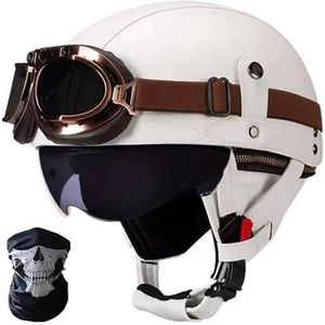 Duitse leren motorhelmen, halve schaalhelm met DOT/ECE, retro jethelm, scooterhelm, chopperhelm, fietshelm, met zonneklep en snelsluitingen open helm G,S=55-56CM