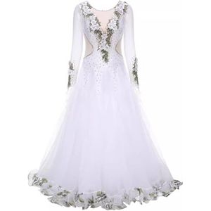 FZHQNZJF Dames Wals Dansjurken Balzaal Dans Concurrentie Kostuums Flamenco A-Lijn Rok met Strass Borduurwerk Lange Mouw Foxtrot Tango Danskleding,Wit,3XL