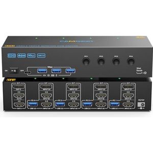 USB 3.0 KVM Switch 3 Monitor 4 PC 4K@60Hz EDID, 2 HDMI+Displayport KVM Switch 3 Monitoren Voor 4 PC Share 3 Monitor en 4 USB 3.0 Port Toetsenbord Muisprinter,12V Voeding, Kabelbediening, 4 USB-Kabels