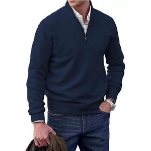 Heren kasjmier rits basic trui, gebreide trui casual lange mouwen trui solide gebreide trui, Donkerblauw, M