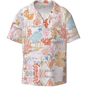 TyEdee Koraalrifprint herenoverhemden met korte mouwen en zak, casual overhemd met knopen, zakelijk overhemd, Zwart, XXL