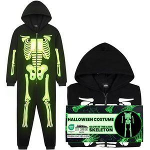 Get Trend Onesie voor kinderen, jongens, tieners van 5-14 jaar, Glow in the Dark skelet, Halloween jumpsuit, fleece slaappak, cadeaus voor jongens, Zwart, 9-10 jaar