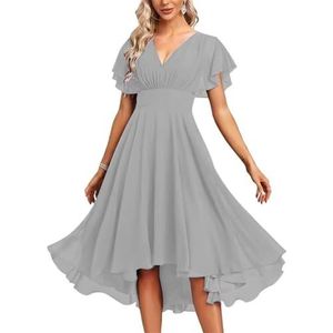 Chiffon bruidsmeisjesjurken voor dames, korte avondjurken, cocktailjurken, grote maten, Zilver, 32