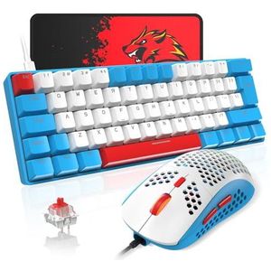 T60 Bekabeld Gamingtoetsenbord en Muis Set, Mini 60% Compact Mechanisch Toetsenbord 62 Toetsen, 19 Regenboog LED-licht, UK Layout + 6400 DPI PS4 Gaming Muis + Muismat voor PC, Mac - Red Switch/Blauw