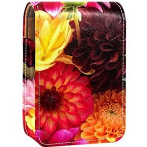 Draagbare Lipstick Case voor op reis, Mini Lipstick Opbergdoos met spiegel voor vrouwen dames, Lederen cosmetische etui Heldere pioenroos Bloem Geel Rood Bloeien, Meerkleurig, 9.5x2x7 cm/3.7x0.8x2.7 in