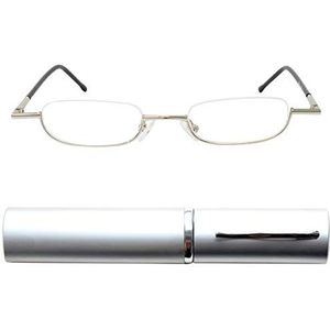 Mini Brille® Smalle Metalen Mini Half Frame Leesbril, Metaal Frame (Zilver), GRATIS Slim-Fit Aluminium Koker, Halve Maan Leesbril Mannen en Vrouwen +2,0 Dioptrie