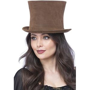 Smiffys Luxe authentieke Victoriaanse hoge hoed, bruin suède look, Halloween verkleedaccessoire, Victoriaanse verkleedhoeden