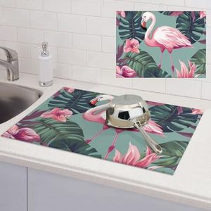 Tropische bladeren en flamingo Print Schotel Drogen Mat Microfiber Gerechten Pad Absorberende Droogpad Voor Keuken Counter Koffie Mat