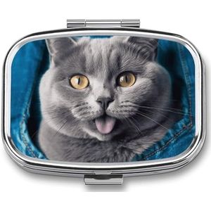 Blue Cat pillenetui met 2 compartimenten, pillenorganizer, draagbare vierkante pillendoos, vitaminepillenorganizer voor zakportemonnee en reizen
