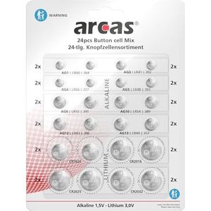 Arcas 12752400 - Alkaline en lithium knoopcellen assortiment, 24-delig, 16x alkaline en 8x lithium, ideaal voor horloges, rekenmachines, speelgoed en sleutellampen,0,5 x 2 x 2 cm,chroom