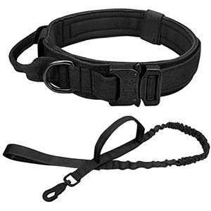 Militaire tactische halsband en riem Werkende halsband voor honden Grote honden trainingshalsband Elastische bungee-lijn-zwart, M