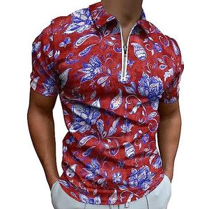 Vintage Rood Paisley Polo Shirt voor Mannen Casual Rits Kraag T-shirts Golf Tops Slim Fit