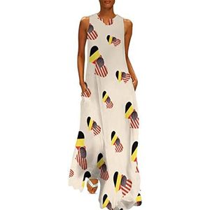 België en Amerikaanse vlag dames enkellengte jurk slim fit mouwloze maxi-jurken casual zonnejurk 4XL