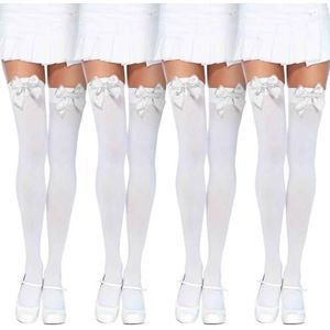 UILYNIU 4 paar zachte kniekousen voor dames, katoenen sokken, mooie lange sokken voor vrouwen, over de knie, lange schooluniformsokken met pluizige lintstrikken, dagelijks, Wit, Medium-Large