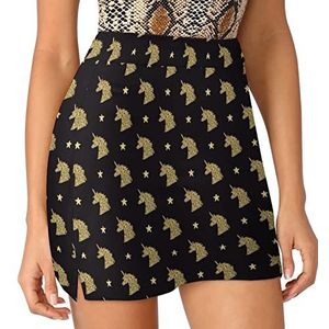 Gouden Magische Eenhoorn Hoofd Vrouwen Skorts Hoge Taille Tennis Rok Gelaagde Korte Mini Rok Culottes Skorts Met Zakken M