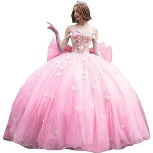Fuomomo Quinceanera-jurk met dunne bandjes en vlinderglitter, Quinceanera-jurk met vlinders en grote strik, baljurk van kant met parels MT053, Roze, 30 NL