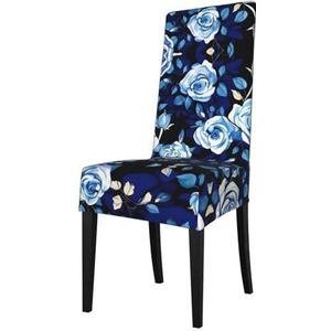 Blauwe bloem patroon rozen print elastische eetkamerstoel cover met verwijderbare bescherming, geschikt voor de meeste armleuningen stoelen