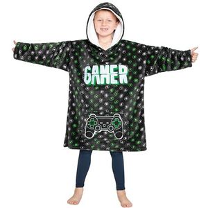 CityComfort Deken met capuchon voor kinderen, fleece hoodie-deken om aan te trekken, grijs, Eén maat (Groen/Zwart)