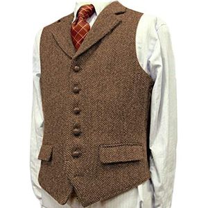 Heren visgraatkostuum tweed gilet Slim fit vintage retro wol vest Casual(Large, bruin)