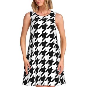 Yyoretp Dames pied-de-poule zwarte print zomerjurken 2025 strand casual mouwloze zonnejurk losse tank met zak, Zwart, S