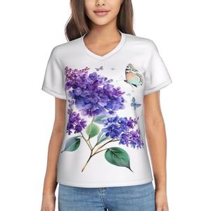 Dames Zomer Tops Korte Mouw Casual Shirts Leuke Cry Pug Mode Tee 2025 Basics V-hals Lichtgewicht Ademend T-shirt, Lavendel Vlinder, XL
