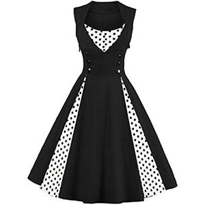 AXOE Dames Vintage Jurk Jaren 50 A-Lijn Jurken met Stippenprint Bruiloft Zakelijk Feestjurk Ademend Katoen Knie-lengte Zwart met Stippen, Maat 40, M